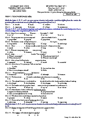 Đề kiểm tra học kì 1 môn Tiếng Anh Lớp 10 - Năm học 2017-2018 - Trường THPT Gia Nghĩa - Mã đề thi 384