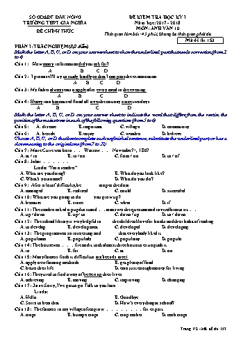 Đề kiểm tra học kì 1 môn Tiếng Anh Lớp 10 - Năm học 2017-2018 - Trường THPT Gia Nghĩa - Mã đề thi 153