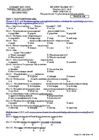 Đề kiểm tra học kì 1 môn Tiếng Anh Lớp 10 - Năm học 2017-2018 - Trường THPT Gia Nghĩa - Mã đề thi 438