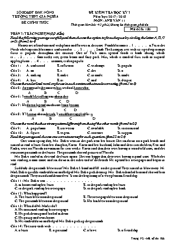 Đề kiểm tra học kì 1 môn Tiếng Anh Lớp 11 - Năm học 2017-2018 - Trường THPT Gia Nghĩa - Mã đề thi 186
