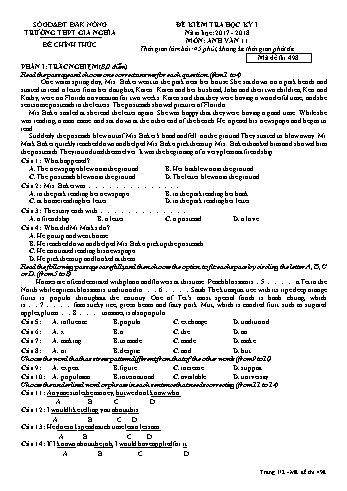 Đề kiểm tra học kì 1 môn Tiếng Anh Lớp 11 - Năm học 2017-2018 - Trường THPT Gia Nghĩa - Mã đề thi 498