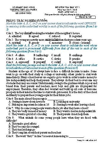 Đề kiểm tra học kì 1 môn Tiếng Anh Lớp 12 - Năm học 2017-2018 - Trường THPT Gia Nghĩa - Mã đề thi 247