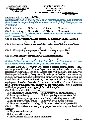 Đề kiểm tra học kì 1 môn Tiếng Anh Lớp 12 - Năm học 2017-2018 - Trường THPT Gia Nghĩa - Mã đề thi 450