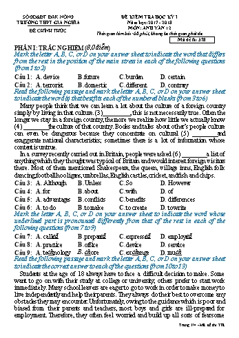Đề kiểm tra học kì 1 môn Tiếng Anh Lớp 12 - Năm học 2017-2018 - Trường THPT Gia Nghĩa - Mã đề thi 378