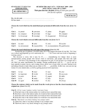 Đề kiểm tra học kì 1 môn Tiếng Anh Lớp 12 - Sở GD&ĐT tỉnh Đăk Nông - Năm học 2009-2010 - Đề chính thức - Mã đề 214