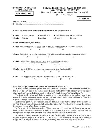 Đề kiểm tra học kì 1 môn Tiếng Anh Lớp 12 - Sở GD&ĐT tỉnh Đăk Nông - Năm học 2009-2010 - Đề chính thức - Mã đề 481