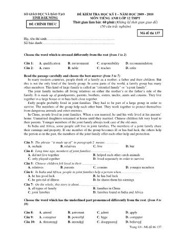 Đề kiểm tra học kì 1 môn Tiếng Anh Lớp 12 - Sở GD&ĐT tỉnh Đăk Nông - Năm học 2009-2010 - Đề chính thức - Mã đề 137