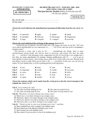 Đề kiểm tra học kì 1 môn Tiếng Anh Lớp 12 - Sở GD&ĐT tỉnh Đăk Nông - Năm học 2009-2010 - Đề chính thức - Mã đề 352