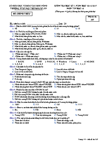 Đề kiểm tra học kì 1 môn Tin học lớp 10 - Năm học 2016-2017 - Trường PTDT Nội trú Đăk Rlấp - Mã đề 357