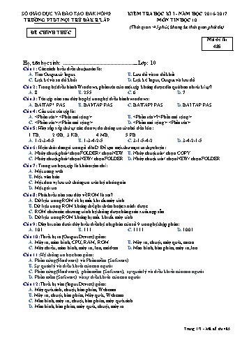 Đề kiểm tra học kì 1 môn Tin học lớp 10 - Năm học 2016-2017 - Trường PTDT Nội trú Đăk Rlấp - Mã đề 485