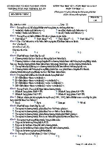 Đề kiểm tra học kì 1 môn Tin học lớp 11 - Năm học 2016-2017 - Trường PTDT Nội trú Đăk Rlấp - Mã đề 134