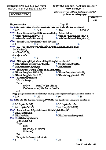 Đề kiểm tra học kì 1 môn Tin học lớp 11 - Năm học 2016-2017 - Trường PTDT Nội trú Đăk Rlấp - Mã đề 486