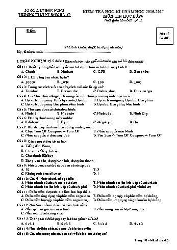 Đề kiểm tra học kì 1 môn Tin học lớp 6 - Năm học 2016-2017 - Trường PTDT NT - Đăkrlấp - Mã đề 485
