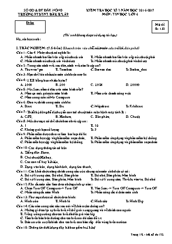 Đề kiểm tra học kì 1 môn Tin học lớp 6 - Năm học 2016-2017 - Trường PTDT NT - Đăkrlấp - Mã đề 132