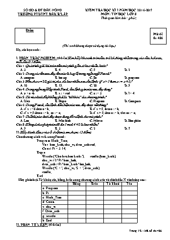 Đề kiểm tra học kì 1 môn Tin học lớp 8 - Năm học 2016-2017 - Trường PTDT NT - Đăkrlấp - Mã đề 486