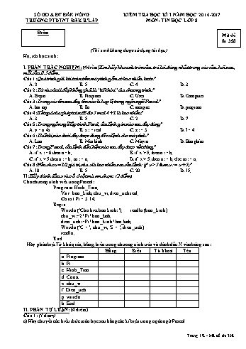 Đề kiểm tra học kì 1 môn Tin học lớp 8 - Năm học 2016-2017 - Trường PTDT NT - Đăkrlấp - Mã đề 358