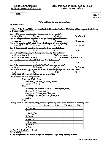 Đề kiểm tra học kì 1 môn Tin học lớp 8 - Năm học 2016-2017 - Trường PTDT NT - Đăkrlấp - Mã đề 210