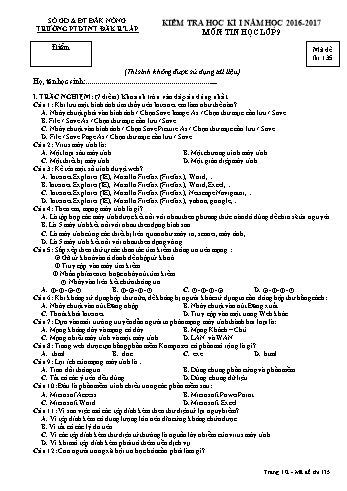 Đề kiểm tra học kì 1 môn Tin học lớp 9 - Năm học 2016-2017 - Trường PTDT NT - Đăkrlấp - Mã đề 135