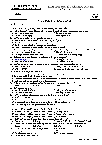 Đề kiểm tra học kì 1 môn Tin học lớp 9 - Năm học 2016-2017 - Trường PTDT NT - Đăkrlấp - Mã đề 487