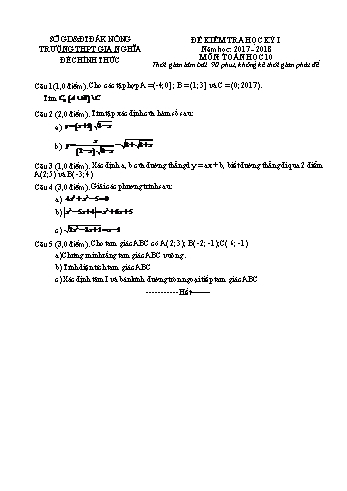 Đề kiểm tra học kì 1 môn Toán Lớp 10 lần 3 - Năm học 2017-2018 - Trường THPT Gia Nghĩa
