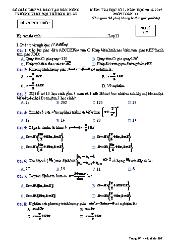 Đề kiểm tra học kì 1 môn Toán lớp 11 - Năm học 2016-2017 - Trường PTDT NT - Đăkrlấp (Có đáp án) - Mã đề 207