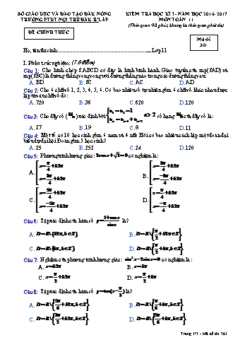 Đề kiểm tra học kì 1 môn Toán lớp 11 - Năm học 2016-2017 - Trường PTDT NT - Đăkrlấp (Có đáp án) - Mã đề 361