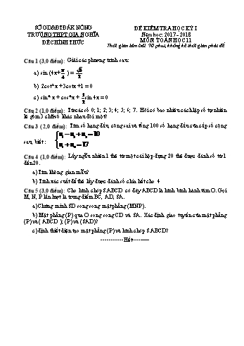 Đề kiểm tra học kì 1 môn Toán Lớp 11 - Năm học 2017-2018 - Trường THPT Gia Nghĩa
