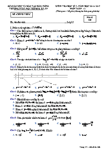 Đề kiểm tra học kì 1 môn Toán lớp 12 - Năm học 2016-2017 - Trường PTDT NT - Đăkrlấp (Có đáp án) - Mã đề 208