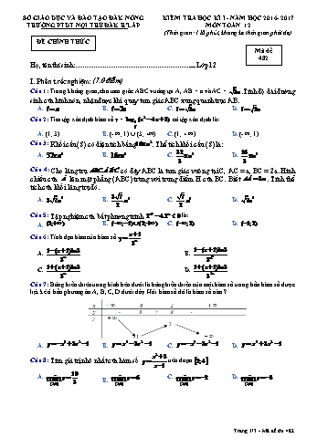 Đề kiểm tra học kì 1 môn Toán lớp 12 - Năm học 2016-2017 - Trường PTDT NT - Đăkrlấp (Có đáp án) - Mã đề 482