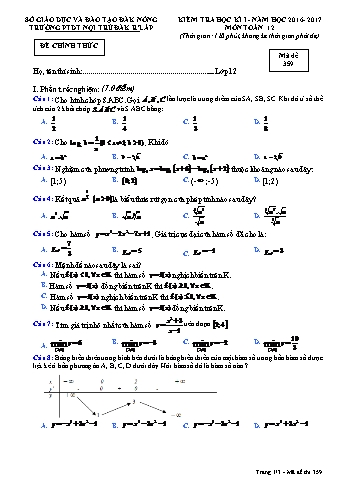 Đề kiểm tra học kì 1 môn Toán lớp 12 - Năm học 2016-2017 - Trường PTDT NT - Đăkrlấp (Có đáp án) - Mã đề 359