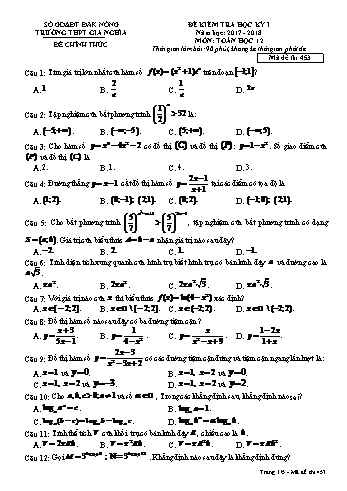 Đề kiểm tra học kì 1 môn Toán Lớp 12 - Năm học 2017-2018 - Trường THPT Gia Nghĩa - Mã đề thi 453
