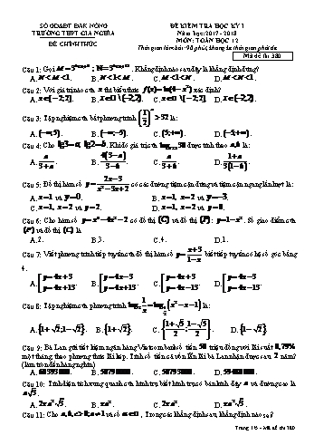 Đề kiểm tra học kì 1 môn Toán Lớp 12 - Năm học 2017-2018 - Trường THPT Gia Nghĩa - Mã đề thi 380