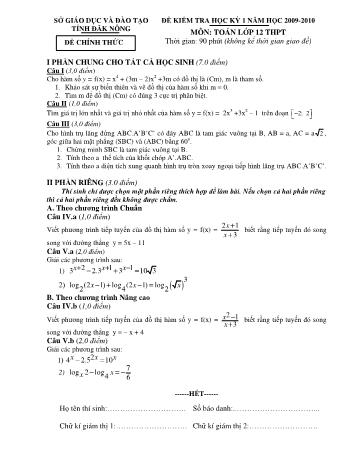 Đề kiểm tra học kì 1 môn Toán Lớp 12 - Sở GD&ĐT tỉnh Đăk Nông - Năm học 2009-2010 - Đề chính thức