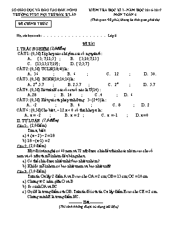Đề kiểm tra học kì 1 môn Toán lớp 6 - Trường PTDT Nội trú - Đăk Rlấp (Có đáp án)