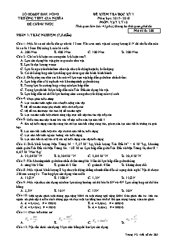 Đề kiểm tra học kì 1 môn Vật lý Lớp 10 - Năm học 2017-2018 - Trường THPT Gia Nghĩa - Mã đề thi 285