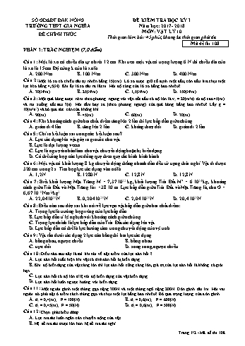 Đề kiểm tra học kì 1 môn Vật lý Lớp 10 - Năm học 2017-2018 - Trường THPT Gia Nghĩa - Mã đề thi 108