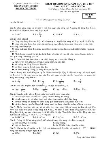 Đề kiểm tra học kì 1 môn Vật lý Lớp 11 KHTN - Năm học 2016-2017 - Trường THPT Chuyên Nguyễn Chí Thanh - Mã đề thi 132