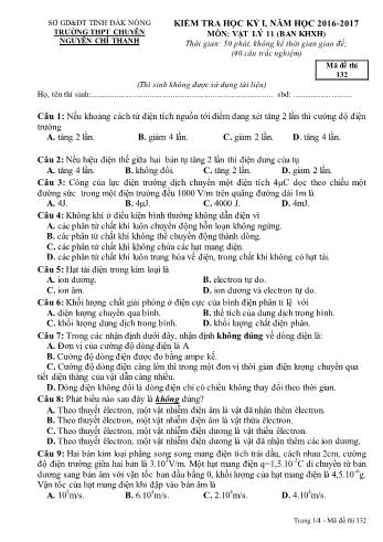Đề kiểm tra học kì 1 môn Vật lý Lớp 11 KHXH - Năm học 2016-2017 - Trường THPT Chuyên Nguyễn Chí Thanh - Mã đề thi 132