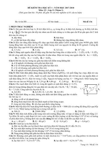 Đề kiểm tra học kì 1 môn Vật lý Lớp 11 - Năm học 2017-2018 - Mã đề thi 136