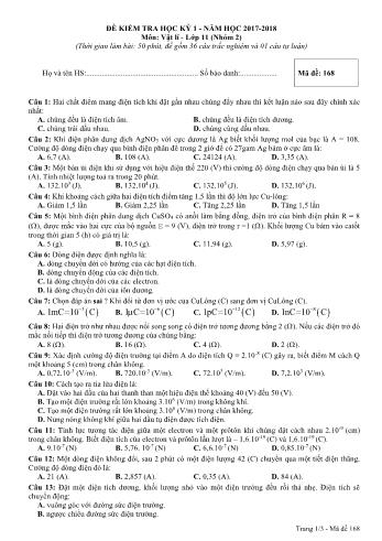 Đề kiểm tra học kì 1 môn Vật lý Lớp 11 - Năm học 2017-2018 - Mã đề thi 168