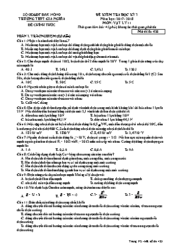 Đề kiểm tra học kì 1 môn Vật lý Lớp 11 - Năm học 2017-2018 - Trường THPT Gia Nghĩa - Mã đề thi 425