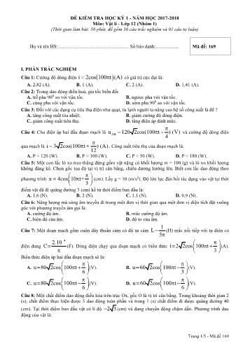 Đề kiểm tra học kì 1 môn Vật lý Lớp 12 - Năm học 2017-2018 - Mã đề thi 169