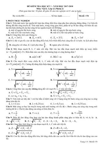 Đề kiểm tra học kì 1 môn Vật lý Lớp 12 - Năm học 2017-2018 - Mã đề thi 170