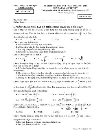 Đề kiểm tra học kì 1 môn Vật lý Lớp 12 - Sở GD&ĐT tỉnh Đăk Nông - Năm học 2009-2010 - Đề chính thức - Mã đề 209