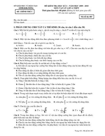 Đề kiểm tra học kì 1 môn Vật lý Lớp 12 - Sở GD&ĐT tỉnh Đăk Nông - Năm học 2009-2010 - Đề chính thức - Mã đề 485