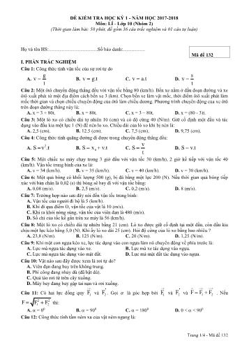 Đề kiểm tra học kì 1 môn Vật lý - Năm học 2017-2018 - Mã đề thi 132