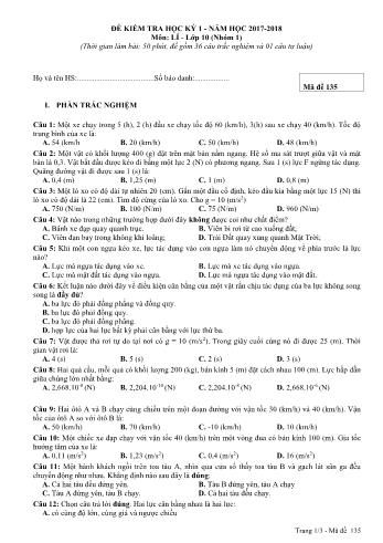 Đề kiểm tra học kì 1 môn Vật lý - Năm học 2017-2018 - Mã đề thi 135