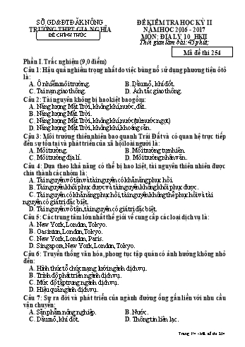 Đề kiểm tra học kì 2 môn Địa lý Lớp 10 - Năm học 2016-2017 - Trường THPT Gia Nghĩa - Mã đề thi 254