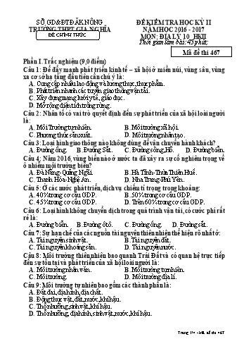 Đề kiểm tra học kì 2 môn Địa lý Lớp 10 - Năm học 2016-2017 - Trường THPT Gia Nghĩa - Mã đề thi 467