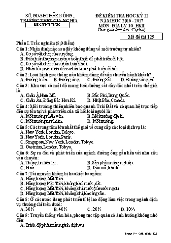 Đề kiểm tra học kì 2 môn Địa lý Lớp 10 - Năm học 2016-2017 - Trường THPT Gia Nghĩa - Mã đề thi 125